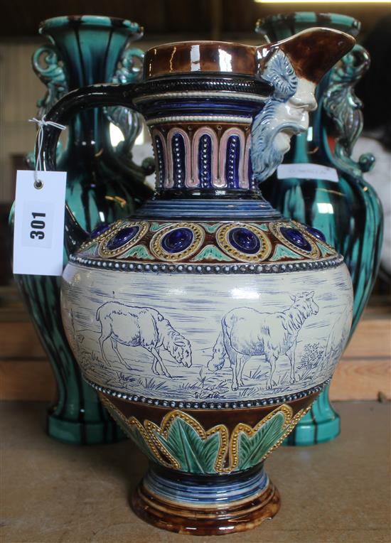 Decorative stoneware jug (a/f) & pr vases